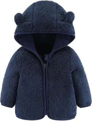 Newborn Girls Boys Fleece Jacket Bear Ears Style Solid Hooded Outerwear Zipper Warm Long Sleeve Winter Coat