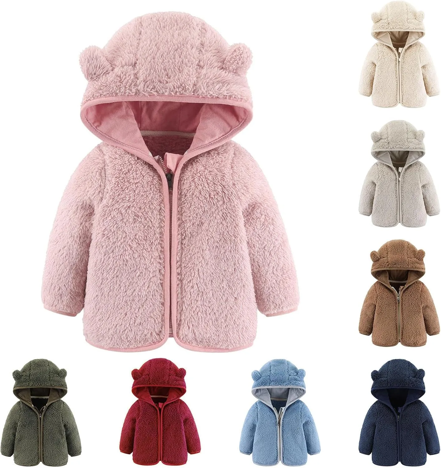 Newborn Girls Boys Fleece Jacket Bear Ears Style Solid Hooded Outerwear Zipper Warm Long Sleeve Winter Coat