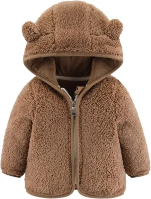 Newborn Girls Boys Fleece Jacket Bear Ears Style Solid Hooded Outerwear Zipper Warm Long Sleeve Winter Coat
