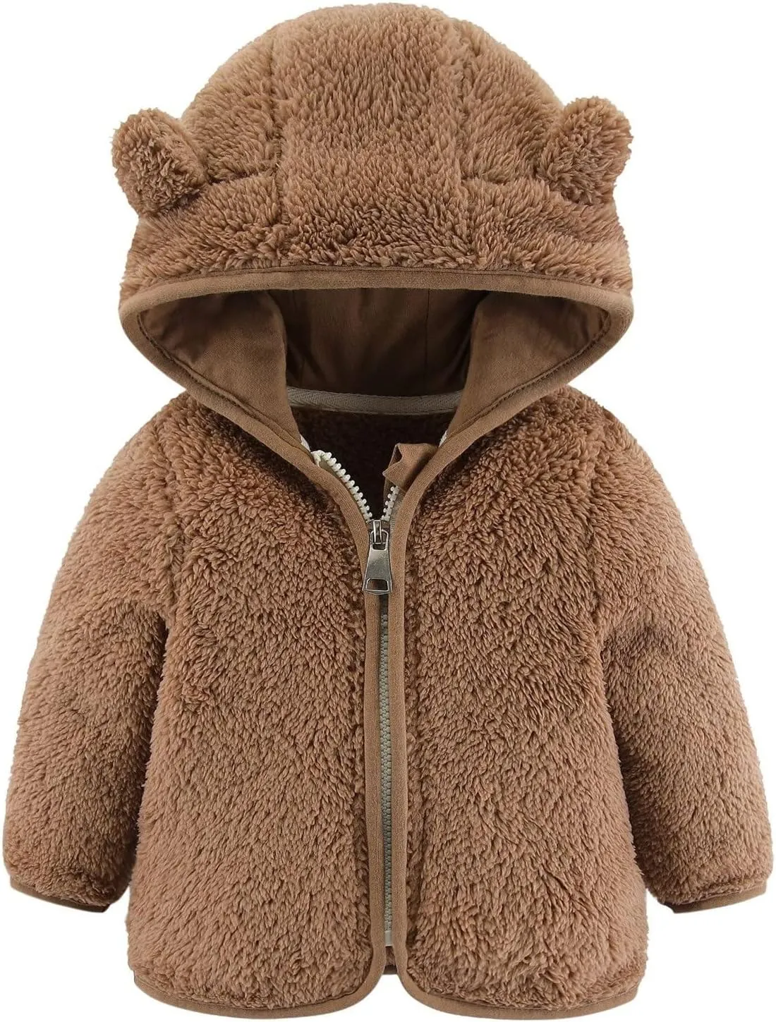 Newborn Girls Boys Fleece Jacket Bear Ears Style Solid Hooded Outerwear Zipper Warm Long Sleeve Winter Coat