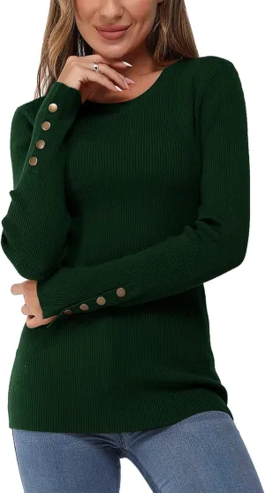 Newshows Women's Fall Fashion Sweater Long Sleeve Crew Neck Button Stretch Casual Pullover Tops Winter Clothes Trendy