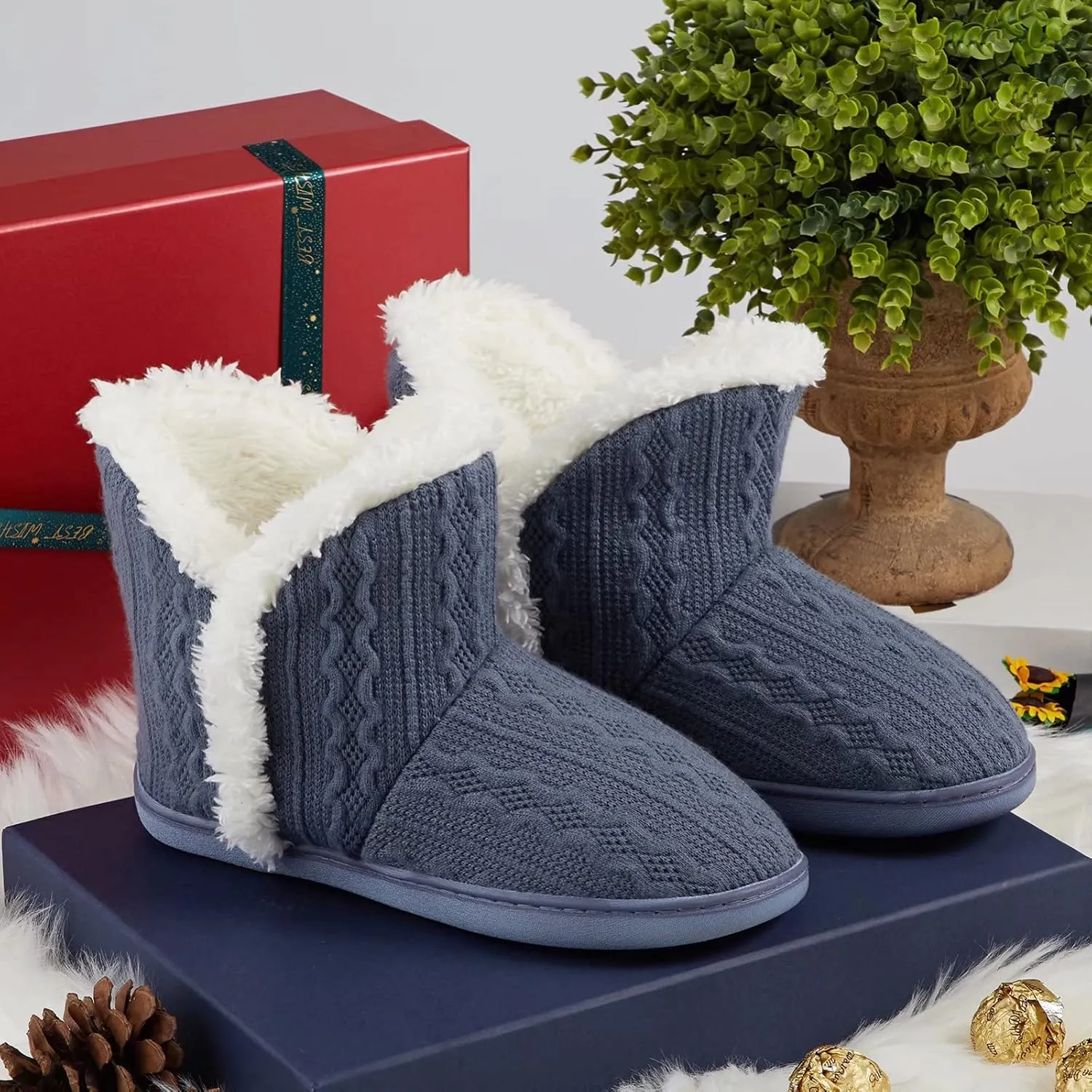 NineCiFun Women's Fuzzy Winter Bootie Slippers Knitted Ankle Boots Slippers Warm House Shoes Outdoor Indoor with Plush Fur Lining