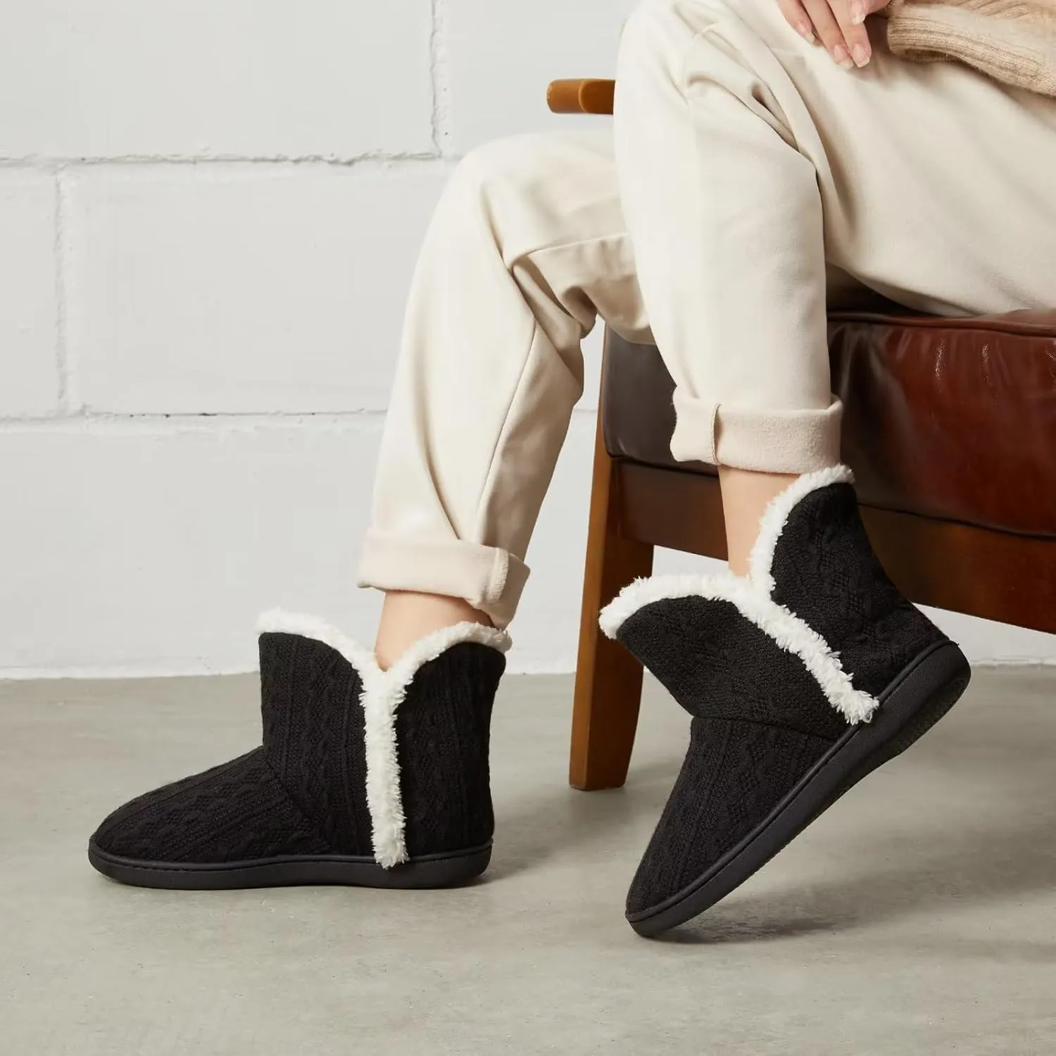 NineCiFun Women's Fuzzy Winter Bootie Slippers Knitted Ankle Boots Slippers Warm House Shoes Outdoor Indoor with Plush Fur Lining