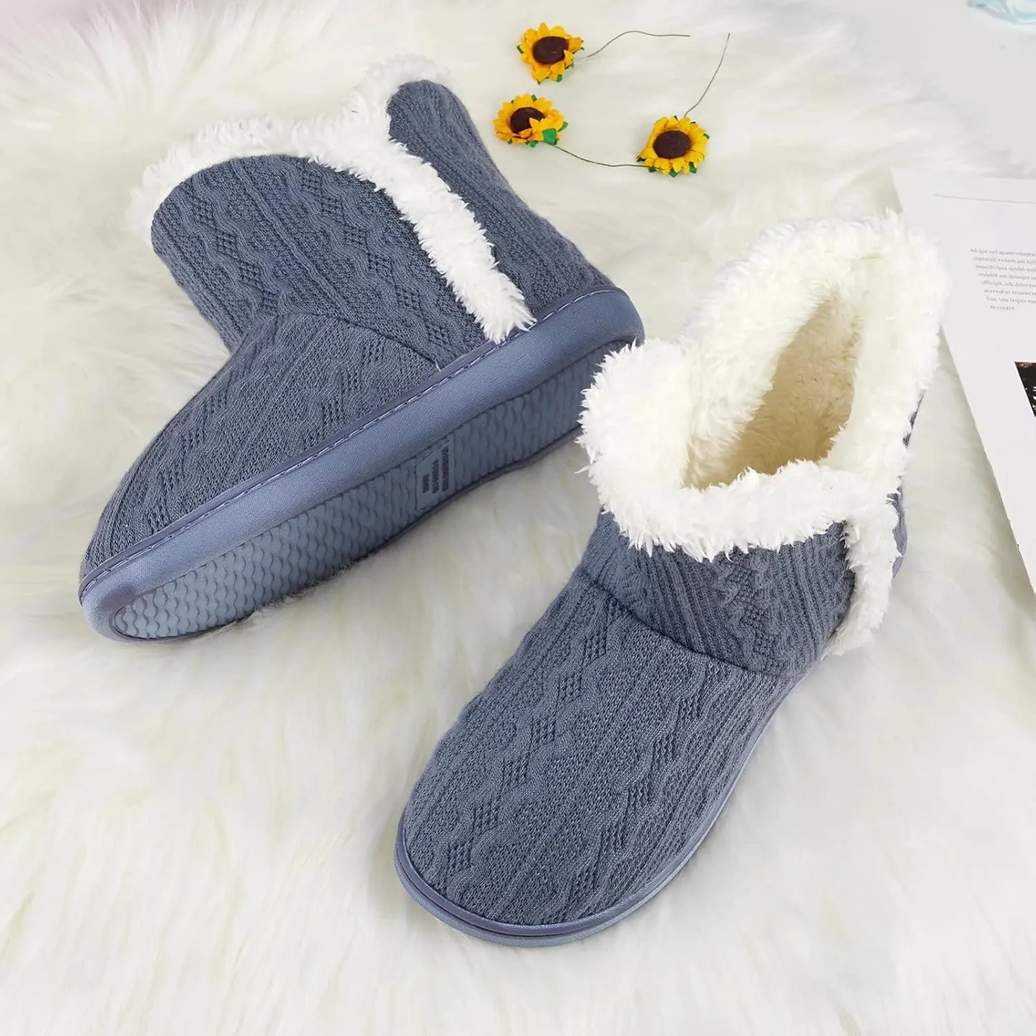 NineCiFun Women's Fuzzy Winter Bootie Slippers Knitted Ankle Boots Slippers Warm House Shoes Outdoor Indoor with Plush Fur Lining