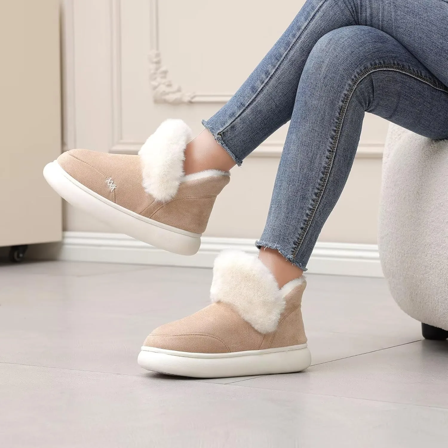 NineCiFun Women's Suede Bootie Slippers Warm Fuzzy Slippers with Faux Fur Lining Cozy Memory Foam Indoor House Shoes