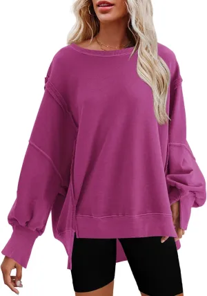 Nirovien Womens Oversized Crewneck Sweatshirt Side Slit Long Sleeve Pullover Slouchy Fit Tops