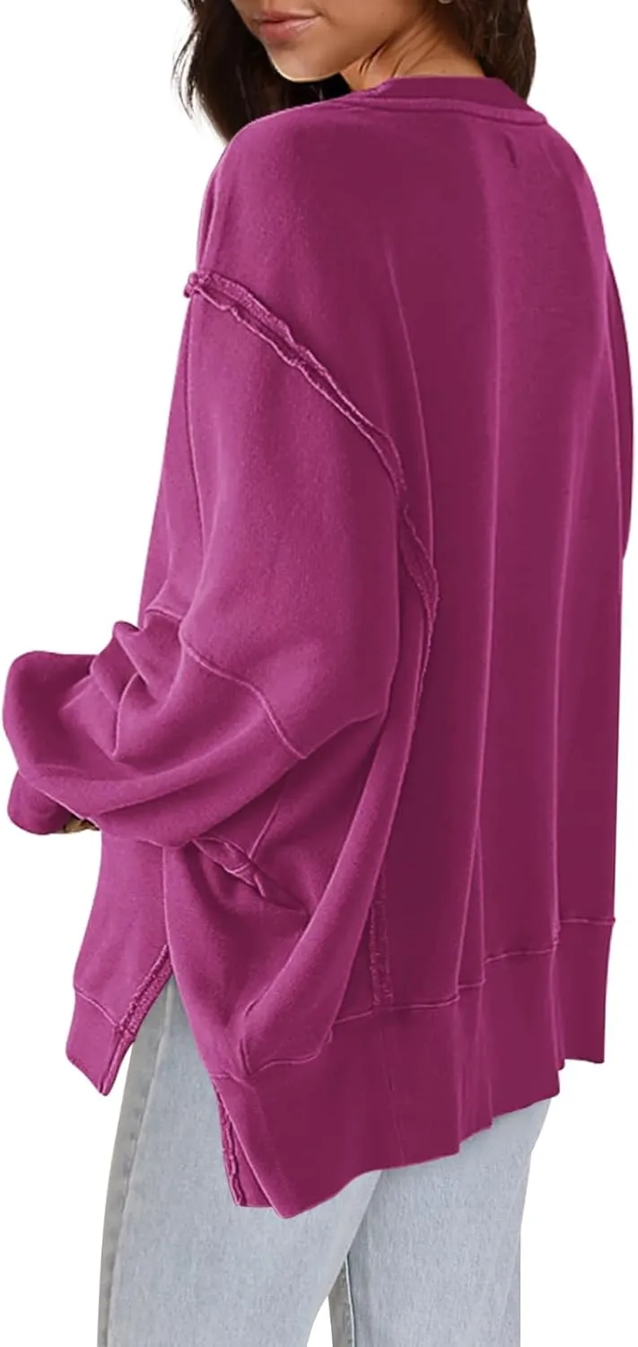 Nirovien Womens Oversized Crewneck Sweatshirt Side Slit Long Sleeve Pullover Slouchy Fit Tops