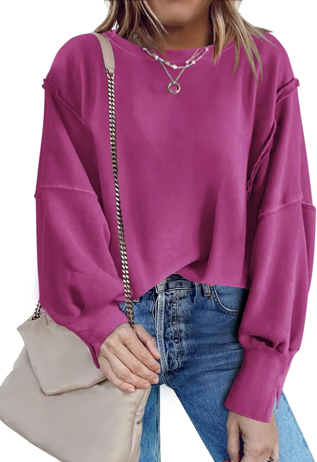 Nirovien Womens Oversized Crewneck Sweatshirt Side Slit Long Sleeve Pullover Slouchy Fit Tops