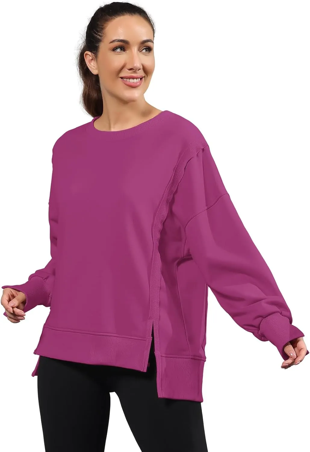 Nirovien Womens Oversized Crewneck Sweatshirt Side Slit Long Sleeve Pullover Slouchy Fit Tops