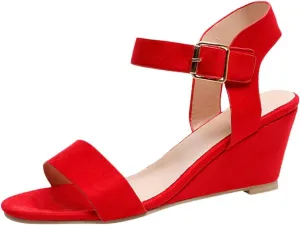oiangi Suede Wedge Sandals for Women Fashion Solid Ankle Strap Buckle Round Toe Open Toe Low Top Sandalias Summer Comfortable Casual Ladies Shoes