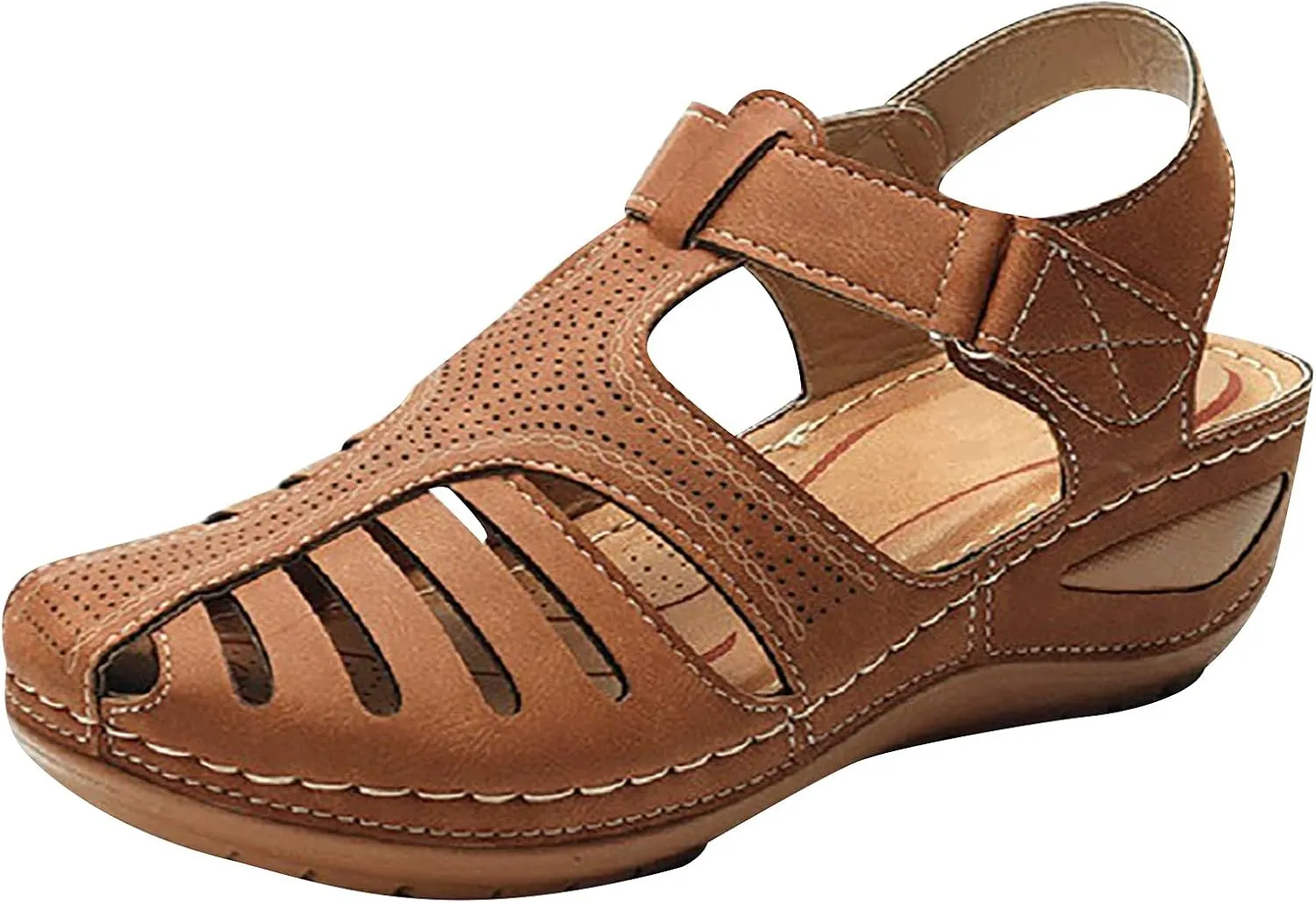 oiangi Wedge Sandals for Women Casual Summer Solid Color Hollow Closed Toe Hook and Loop Sandals Soft Comfortable Lightweight Outdoor Beach Travel Shoes