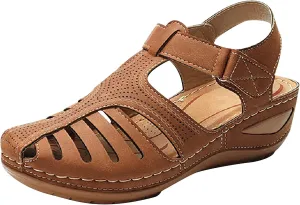 oiangi Wedge Sandals for Women Casual Summer Solid Color Hollow Closed Toe Hook and Loop Sandals Soft Comfortable Lightweight Outdoor Beach Travel Shoes