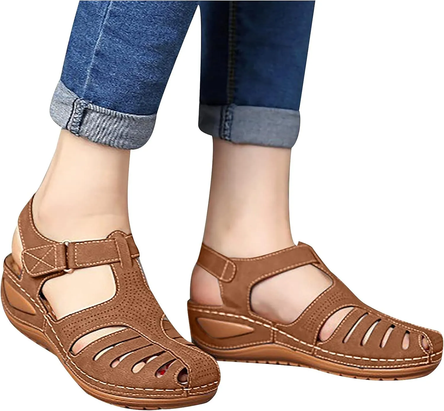 oiangi Wedge Sandals for Women Casual Summer Solid Color Hollow Closed Toe Hook and Loop Sandals Soft Comfortable Lightweight Outdoor Beach Travel Shoes