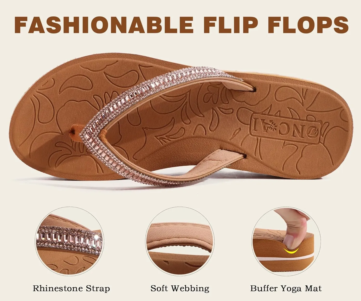 ONCAI Flip Flops for Women, Beach Thong Sandals Womens with Arch Support, Dressy Rhinestone Comfortable Yoga Mat and Non Slip Rubber Soles for Summer US Size 5-11