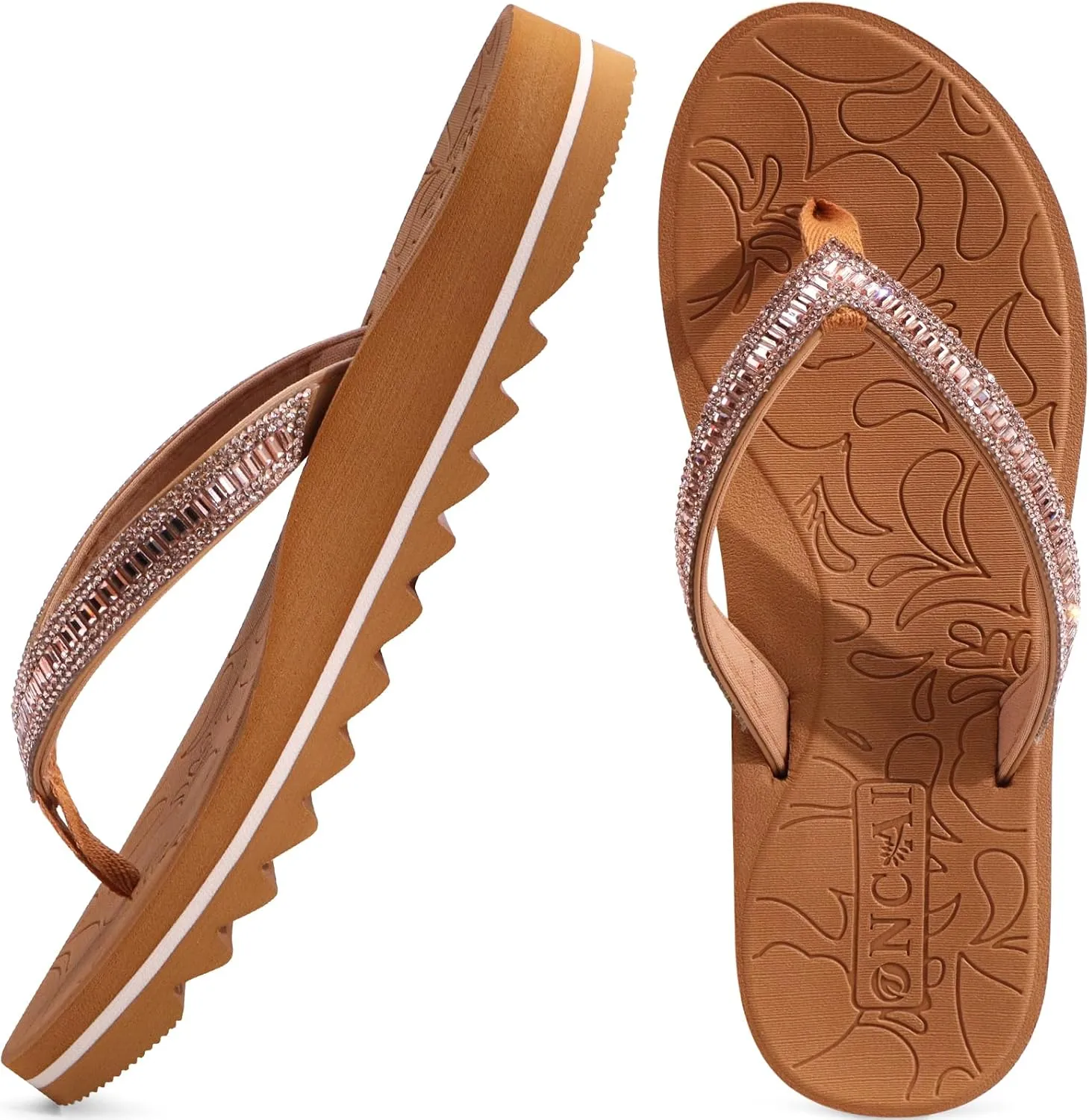 ONCAI Flip Flops for Women, Beach Thong Sandals Womens with Arch Support, Dressy Rhinestone Comfortable Yoga Mat and Non Slip Rubber Soles for Summer US Size 5-11