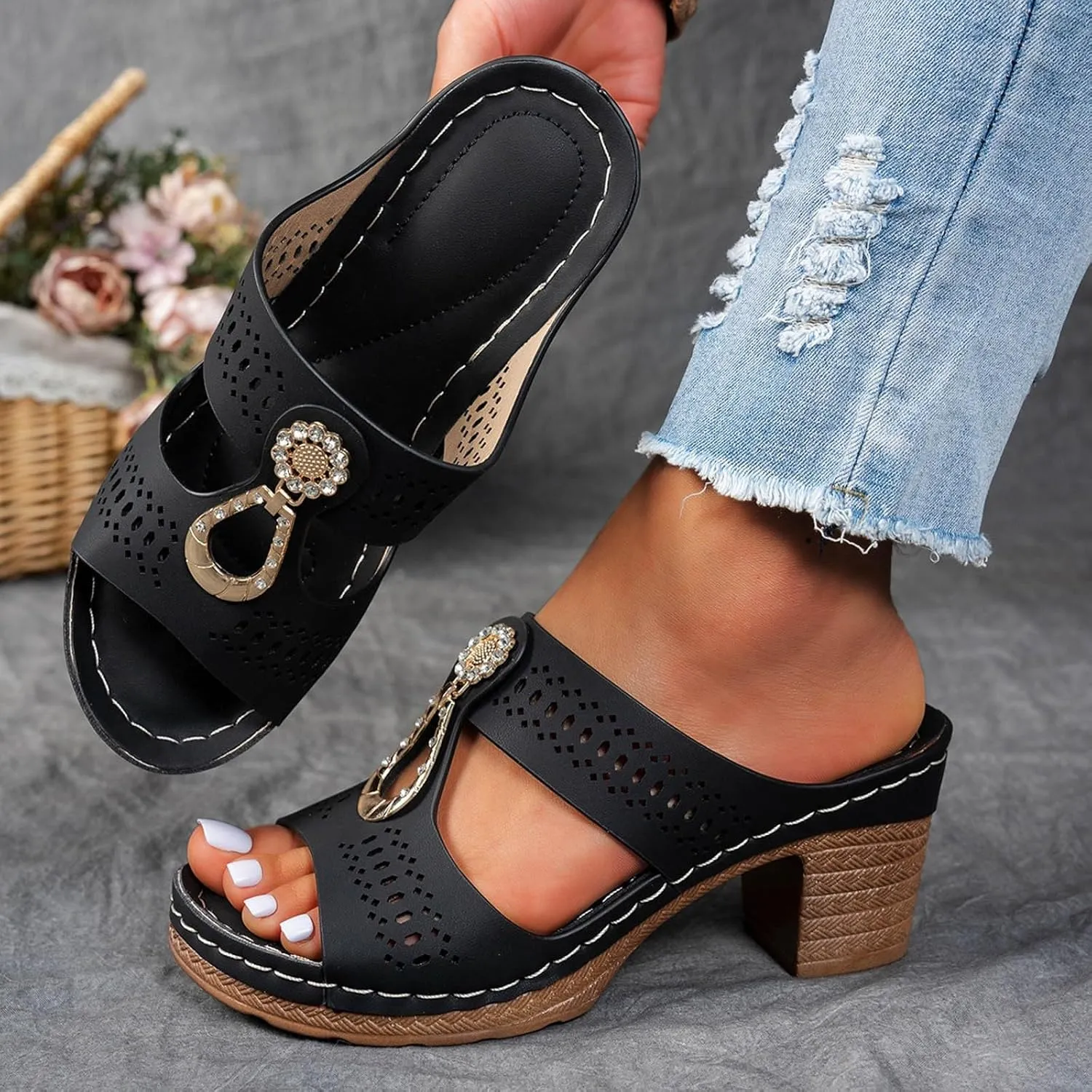 Orthopedic Rhinestones Heel Sandals, Women's Platform Chunky Heels Sandals Orthopedic Wedge Dressy Summer