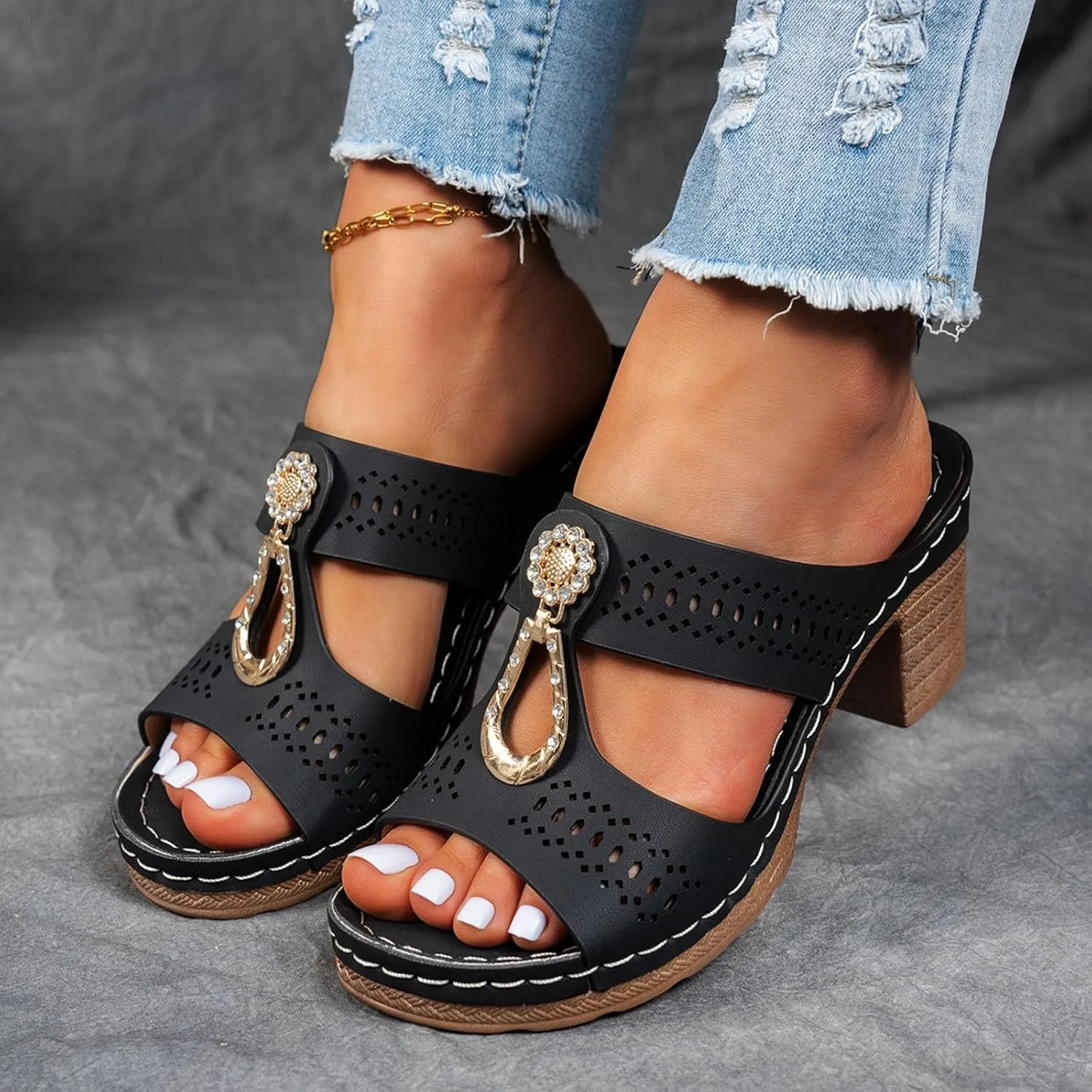 Orthopedic Rhinestones Heel Sandals, Women's Platform Chunky Heels Sandals Orthopedic Wedge Dressy Summer
