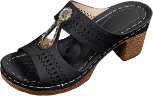 Orthopedic Rhinestones Heel Sandals, Women's Platform Chunky Heels Sandals Orthopedic Wedge Dressy Summer