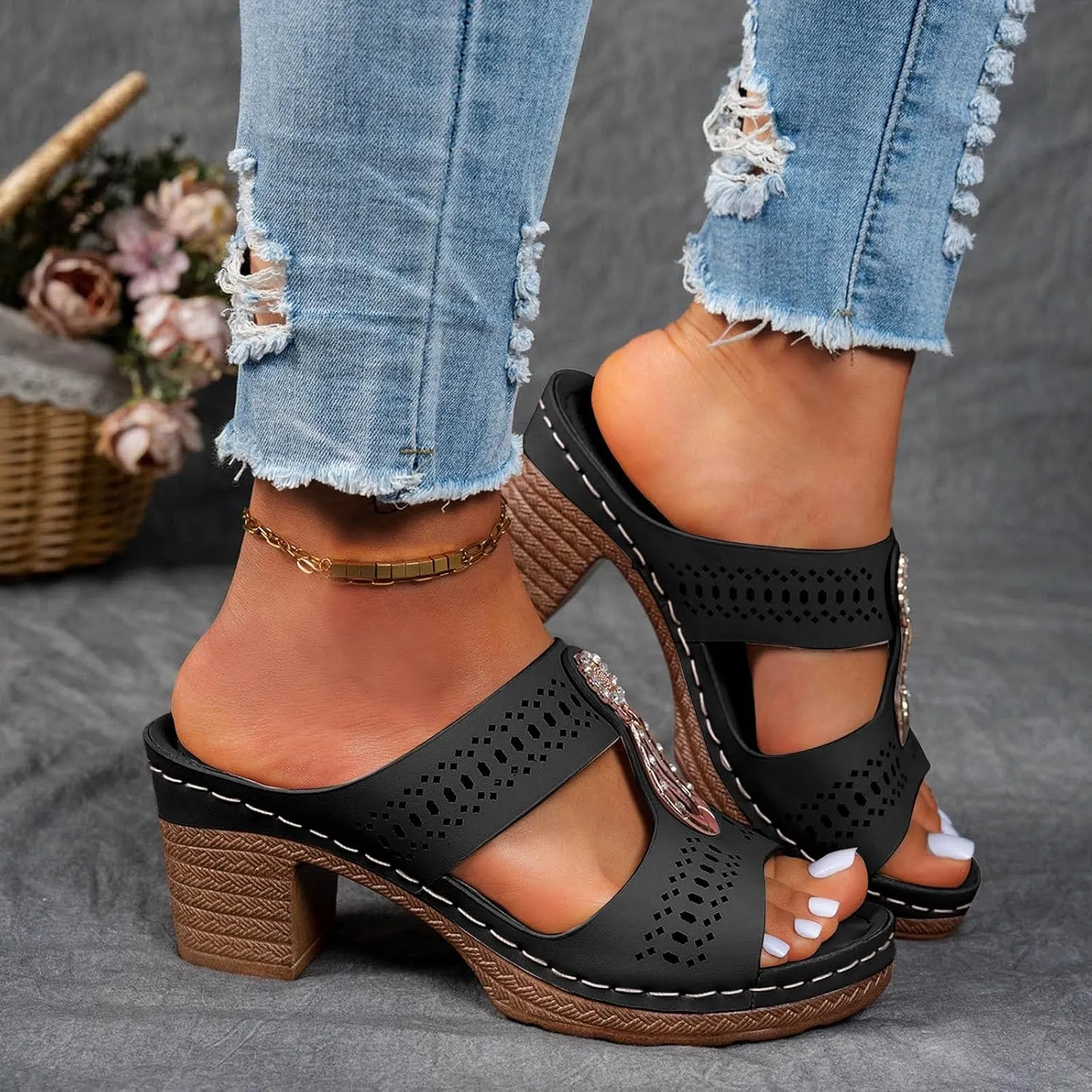 Orthopedic Rhinestones Heel Sandals, Women's Platform Chunky Heels Sandals Orthopedic Wedge Dressy Summer