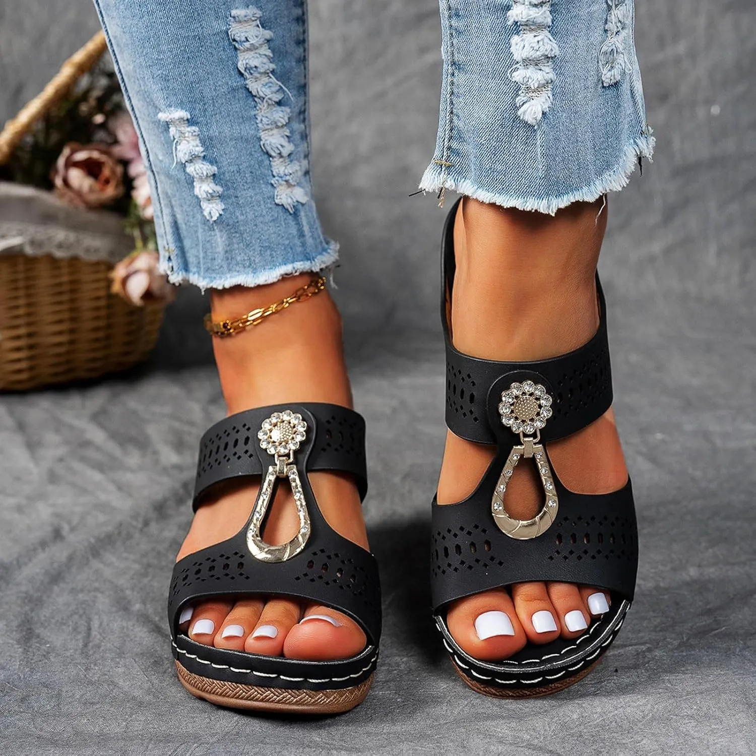 Orthopedic Rhinestones Heel Sandals, Women's Platform Chunky Heels Sandals Orthopedic Wedge Dressy Summer