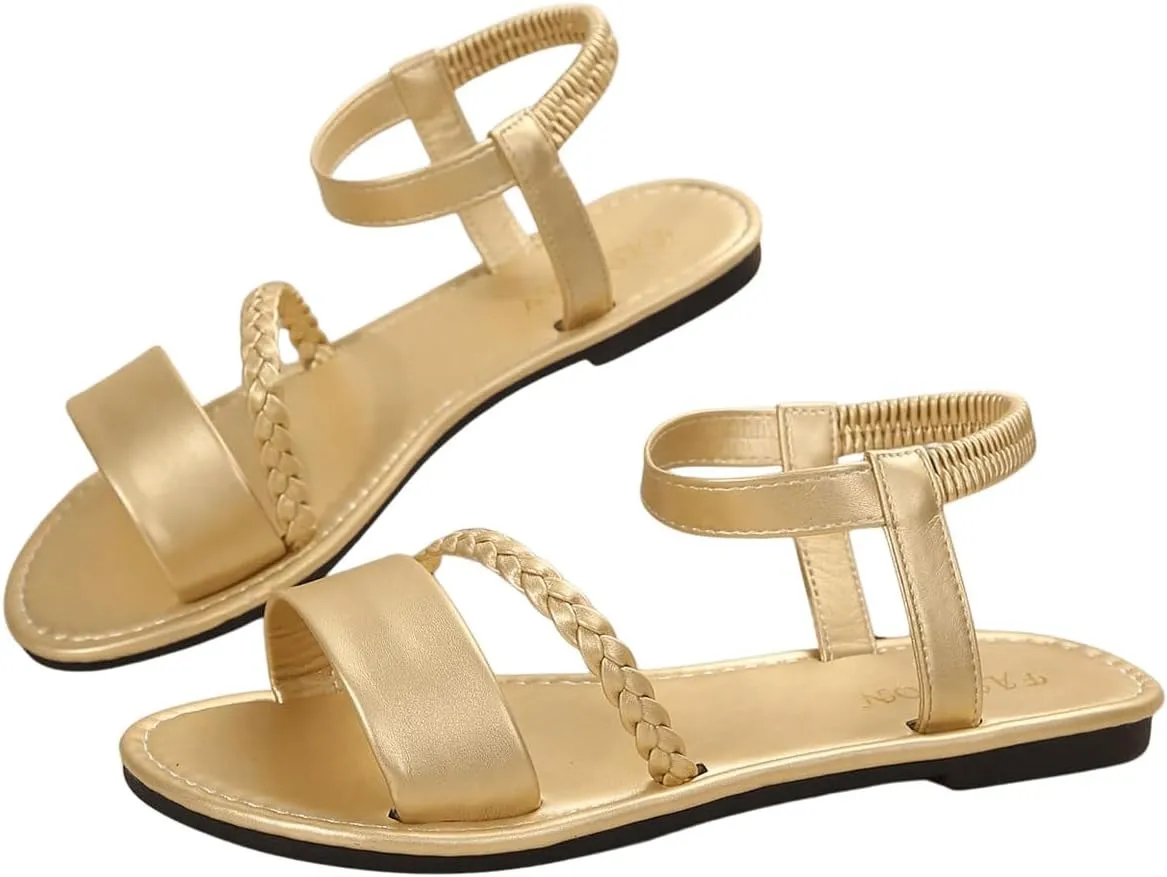 OYOANGLE Women's Metallic Open Toe Slingback Sandals Braided Strappy Flat Slide On Elastic Ankle Strap Sandals