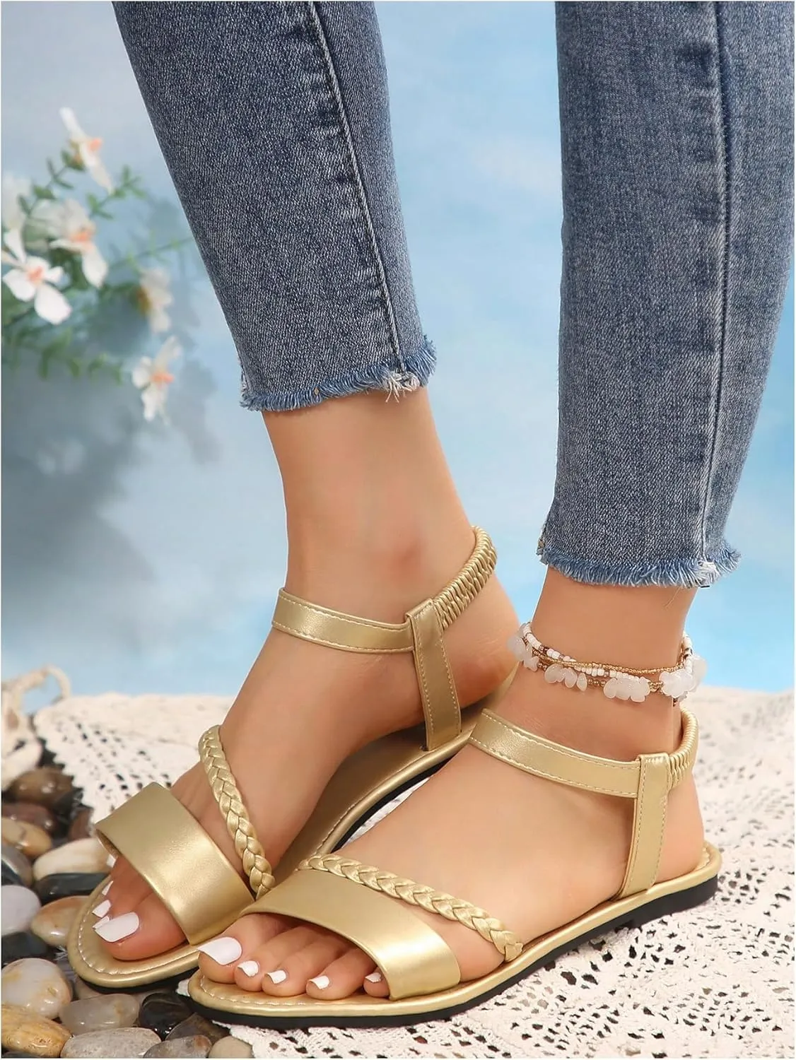 OYOANGLE Women's Metallic Open Toe Slingback Sandals Braided Strappy Flat Slide On Elastic Ankle Strap Sandals