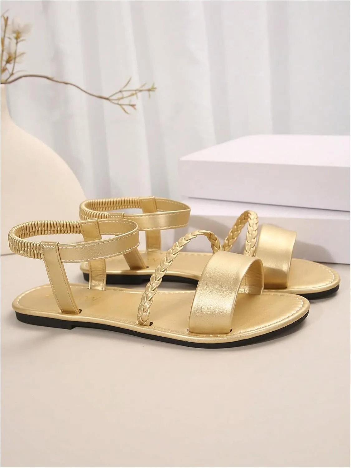 OYOANGLE Women's Metallic Open Toe Slingback Sandals Braided Strappy Flat Slide On Elastic Ankle Strap Sandals