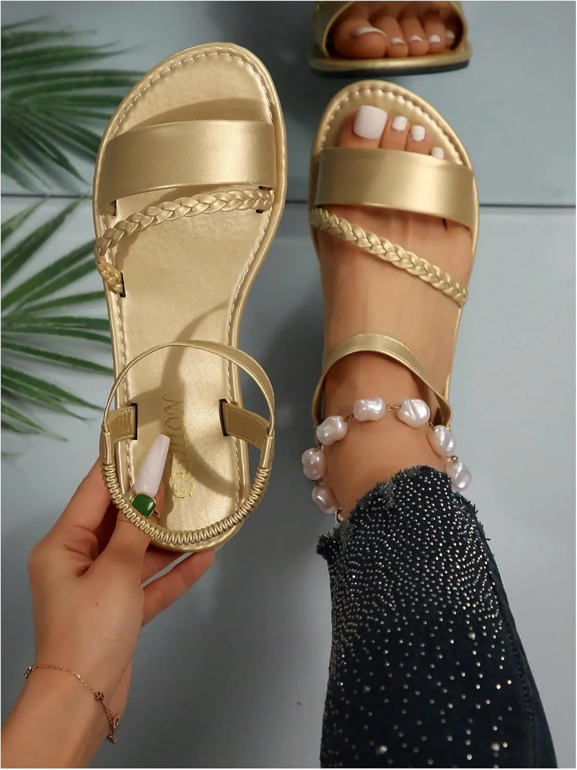 OYOANGLE Women's Metallic Open Toe Slingback Sandals Braided Strappy Flat Slide On Elastic Ankle Strap Sandals