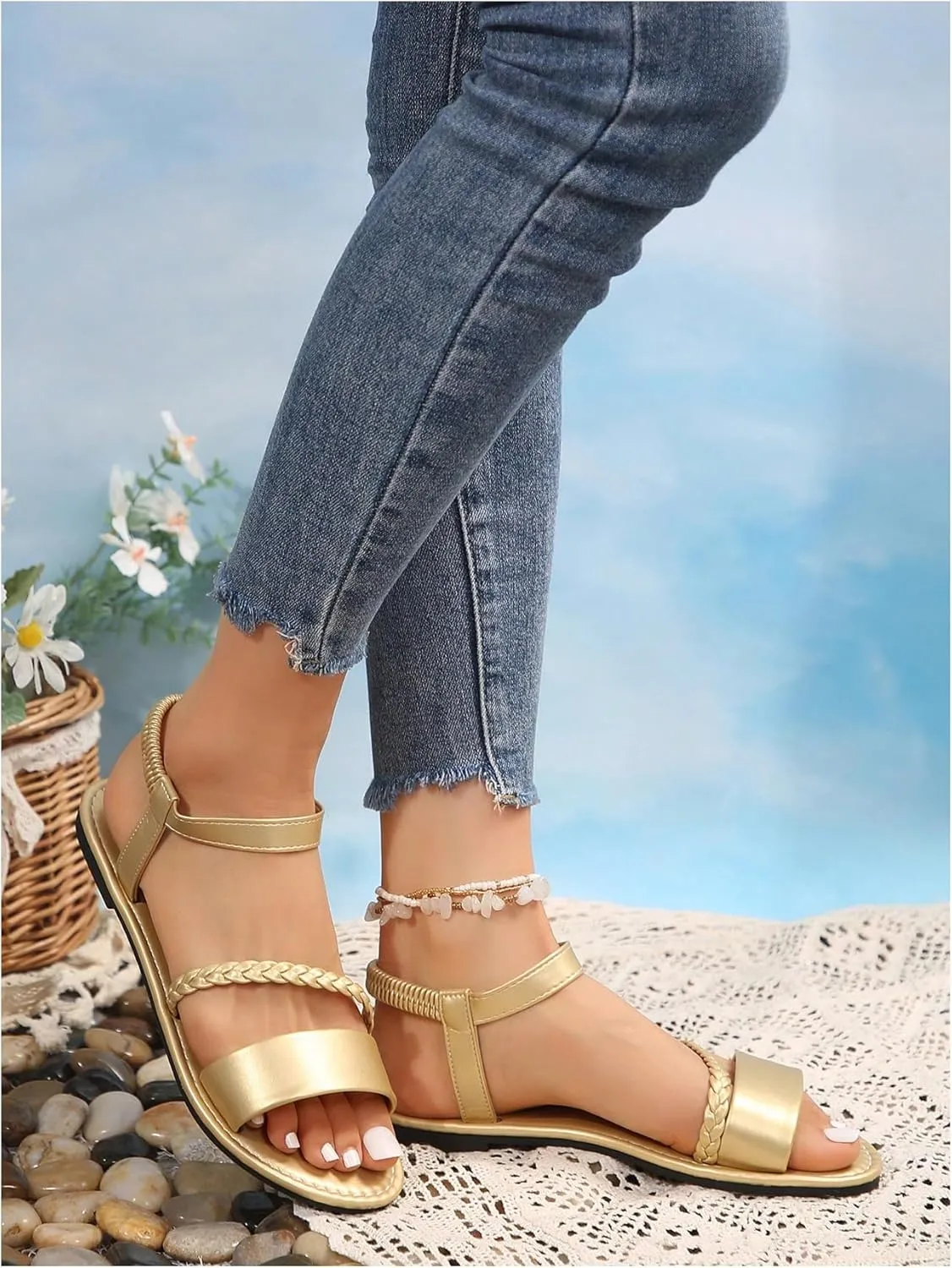 OYOANGLE Women's Metallic Open Toe Slingback Sandals Braided Strappy Flat Slide On Elastic Ankle Strap Sandals