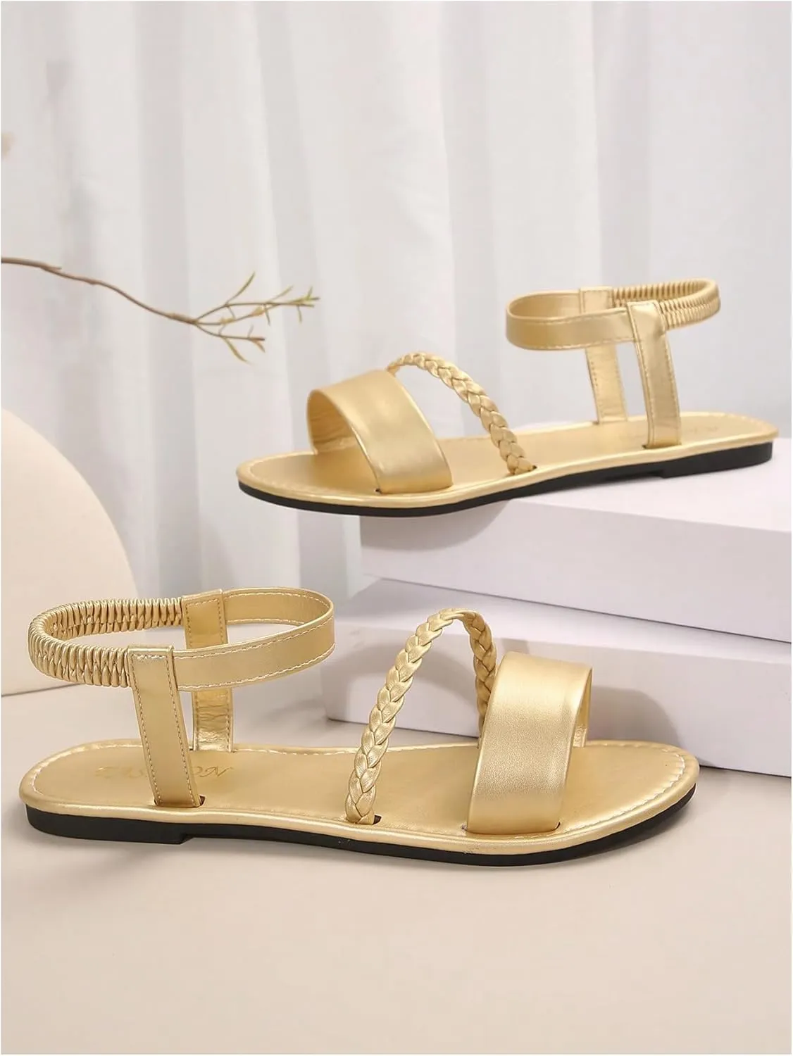 OYOANGLE Women's Metallic Open Toe Slingback Sandals Braided Strappy Flat Slide On Elastic Ankle Strap Sandals