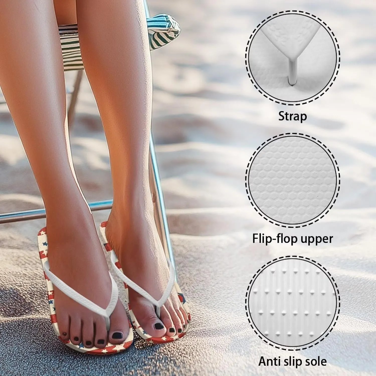 Patriot Flip Flops Women'S Indoor and Outdoor Slip-On Sandals Non-Slip Bathroom Shower Slippers American Flag Pattern White Size 5-9