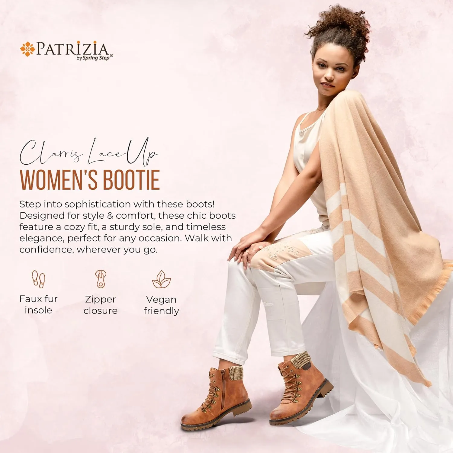 PATRIZIA Spring Step Clarris Lace-Up Booties for Women - Ladies Boots with Cozy Faux Fur Lining - Tonal Stitching Ankle Boots for Womens
