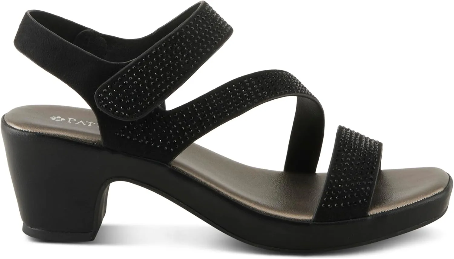 PATRIZIA Women's YADIEL Hook and Loop Sandals – Low Block Heel with Asymmetrical Crystal-Strap Design