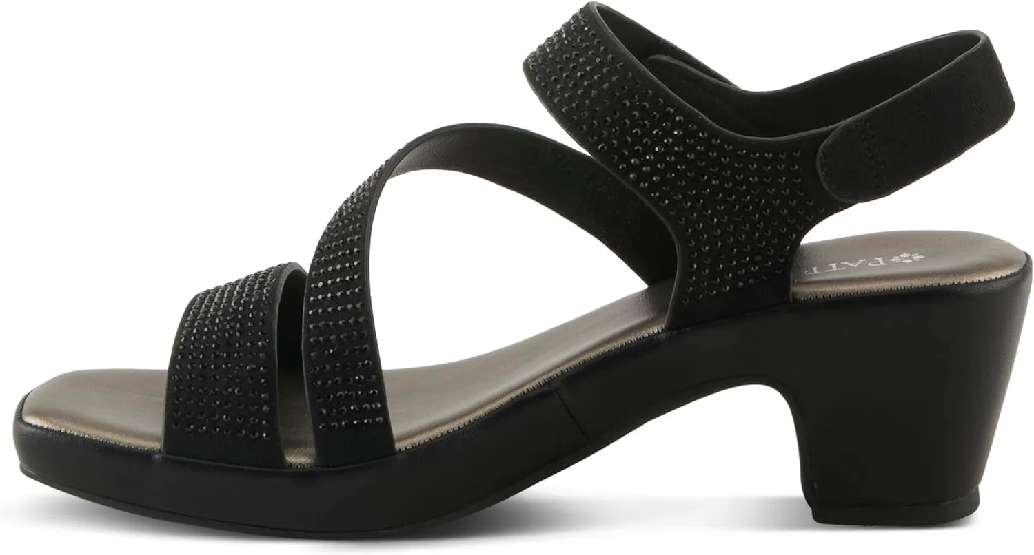 PATRIZIA Women's YADIEL Hook and Loop Sandals – Low Block Heel with Asymmetrical Crystal-Strap Design