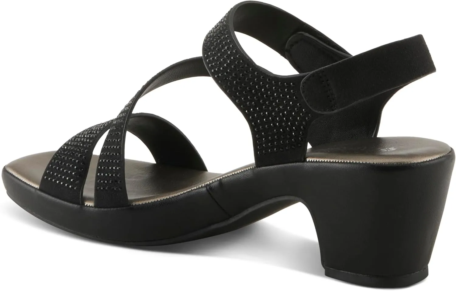 PATRIZIA Women's YADIEL Hook and Loop Sandals – Low Block Heel with Asymmetrical Crystal-Strap Design