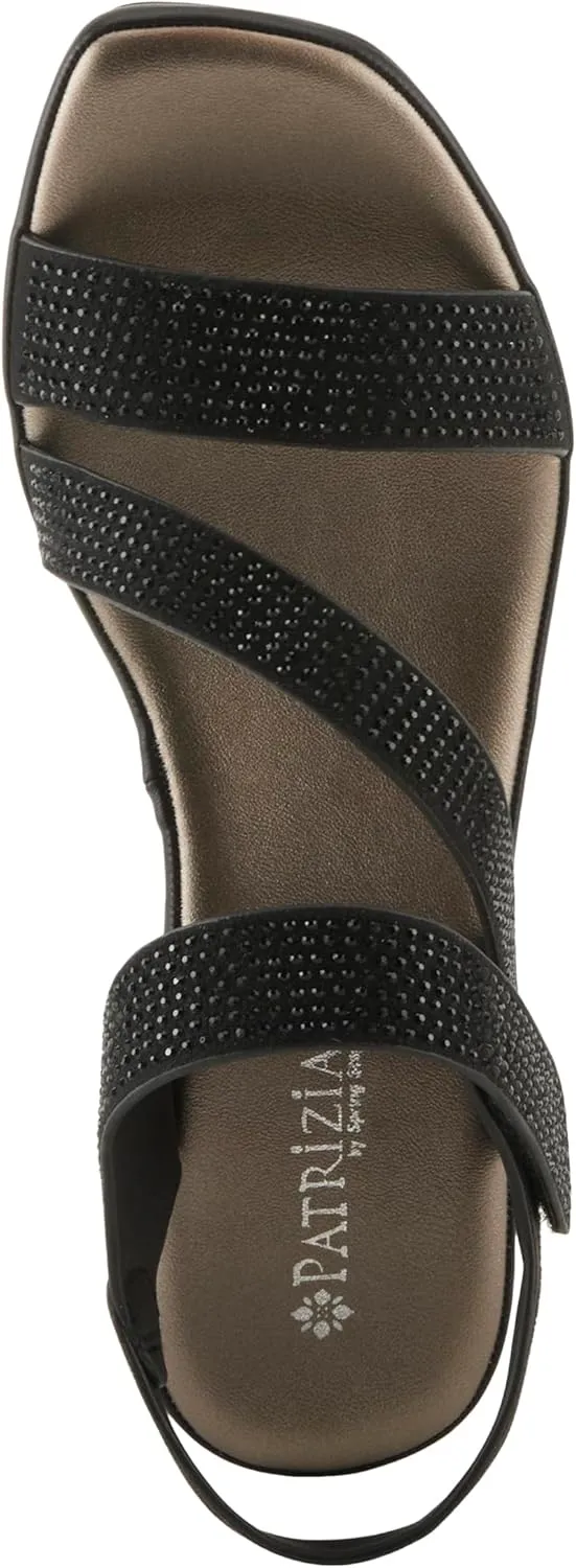 PATRIZIA Women's YADIEL Hook and Loop Sandals – Low Block Heel with Asymmetrical Crystal-Strap Design
