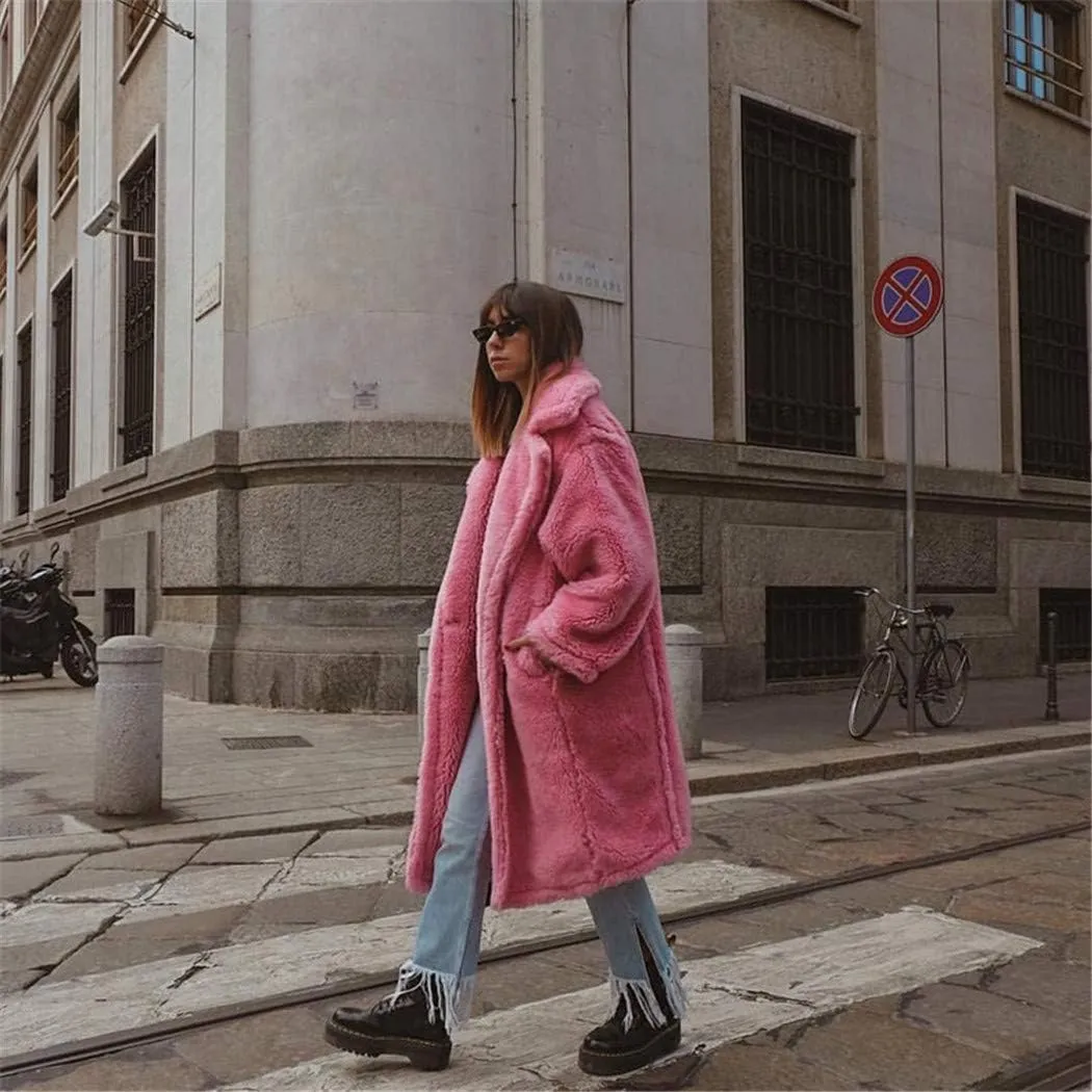 Pink Long Teddy Bear Jacket Coat,Women Winter Thick Warm Oversized Chunky Outerwear,Faux Lambswool Fur Overcoat