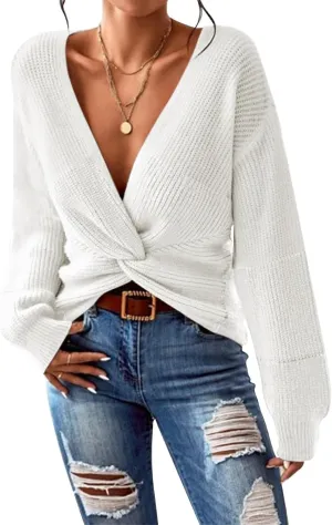 Pink Queen Women's 2024 Casual Pullover Sweaters Sexy V Neck Long Sleeve Twist Knot Cropped Knit Sweater Tops