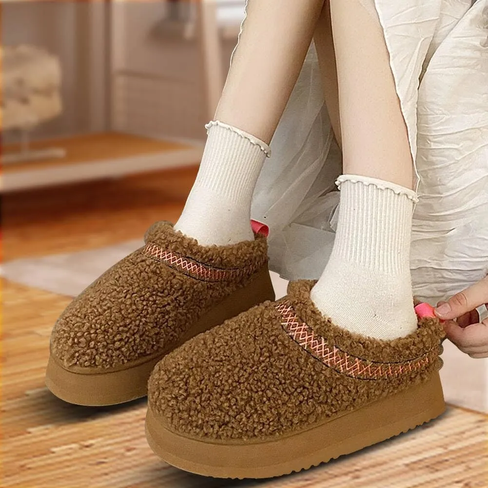 Platform Braid Slippers Mini Slippers Boots with Plush Fleece Lining Fuzzy Anti-Slip Snow Platform Slippers for Women