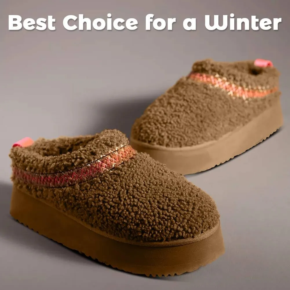 Platform Braid Slippers Mini Slippers Boots with Plush Fleece Lining Fuzzy Anti-Slip Snow Platform Slippers for Women