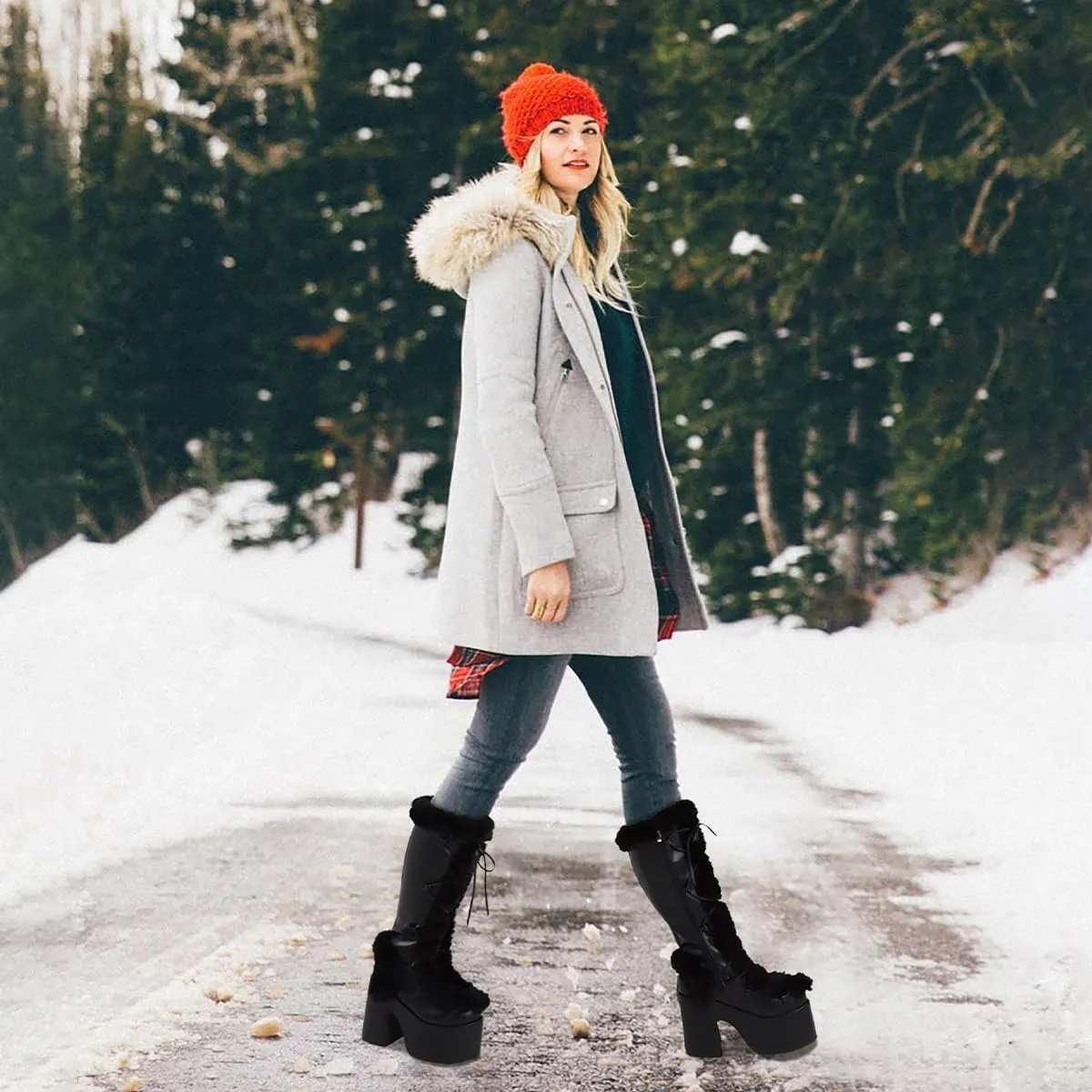 Platform Knee High Boots For Womens Warm Faux Fur Lace Up Side Zipper Chunky Heel Punk Goth Winter Snow Mid Calf Boots
