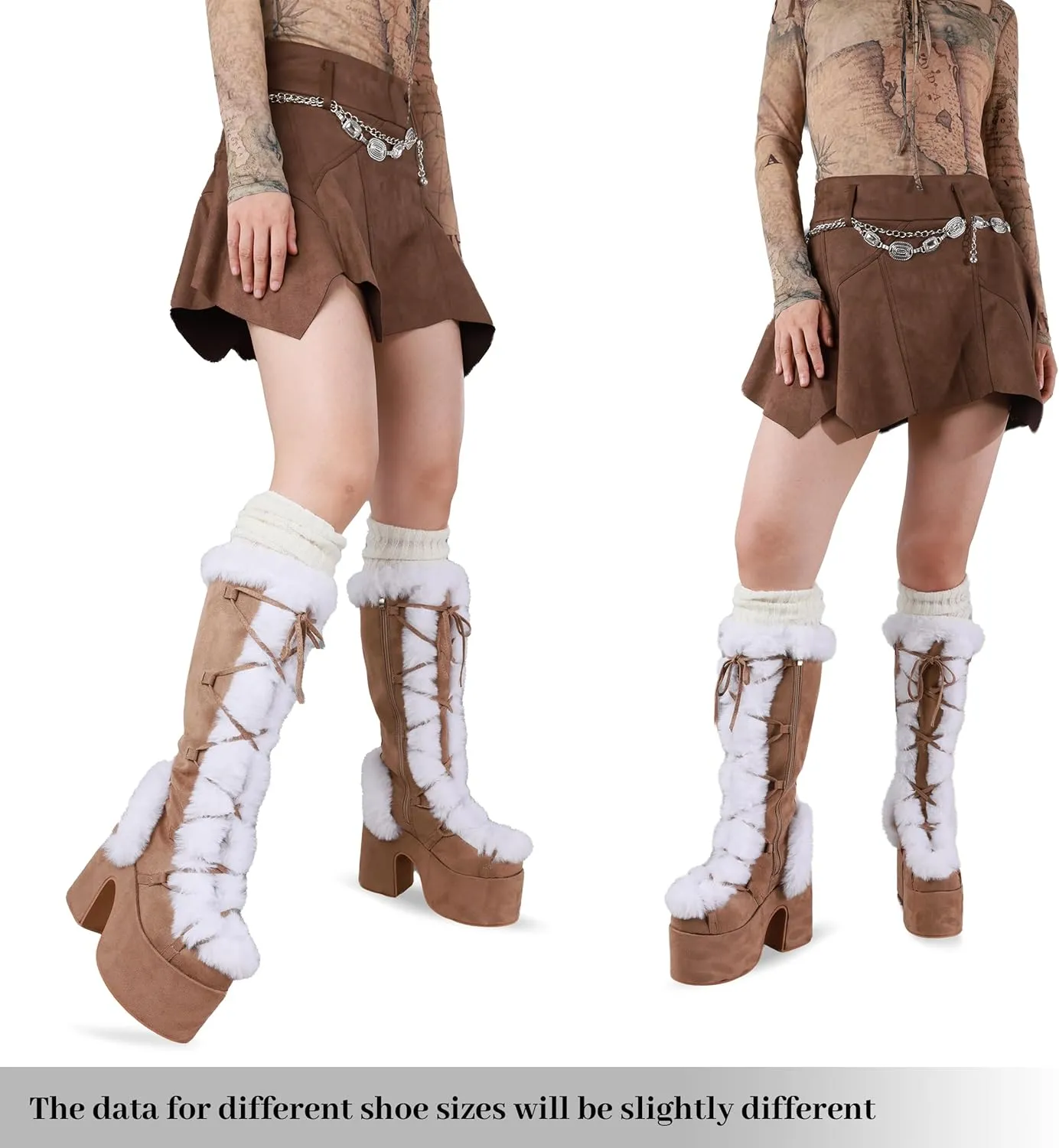 Platform Knee High Boots For Womens Warm Faux Fur Lace Up Side Zipper Chunky Heel Punk Goth Winter Snow Mid Calf Boots
