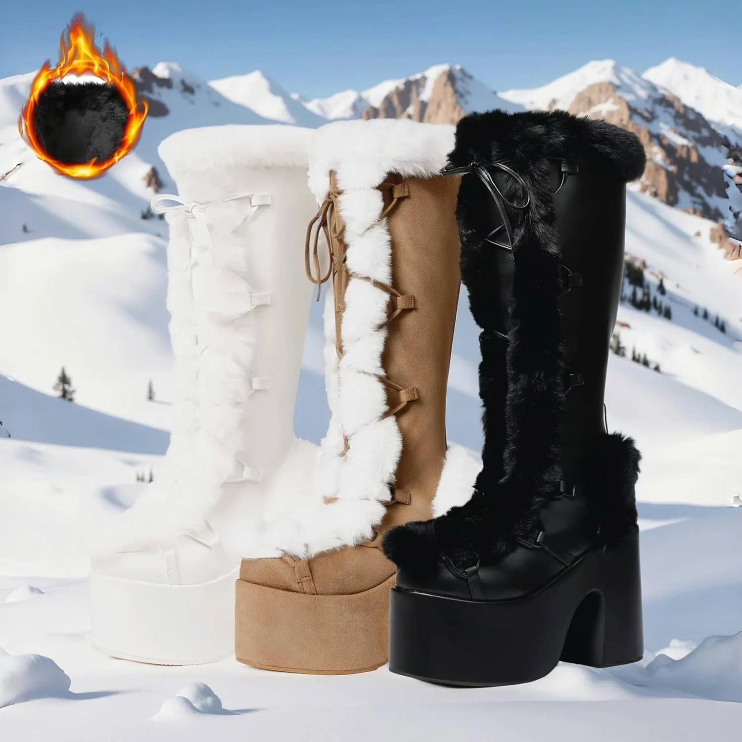 Platform Knee High Boots For Womens Warm Faux Fur Lace Up Side Zipper Chunky Heel Punk Goth Winter Snow Mid Calf Boots