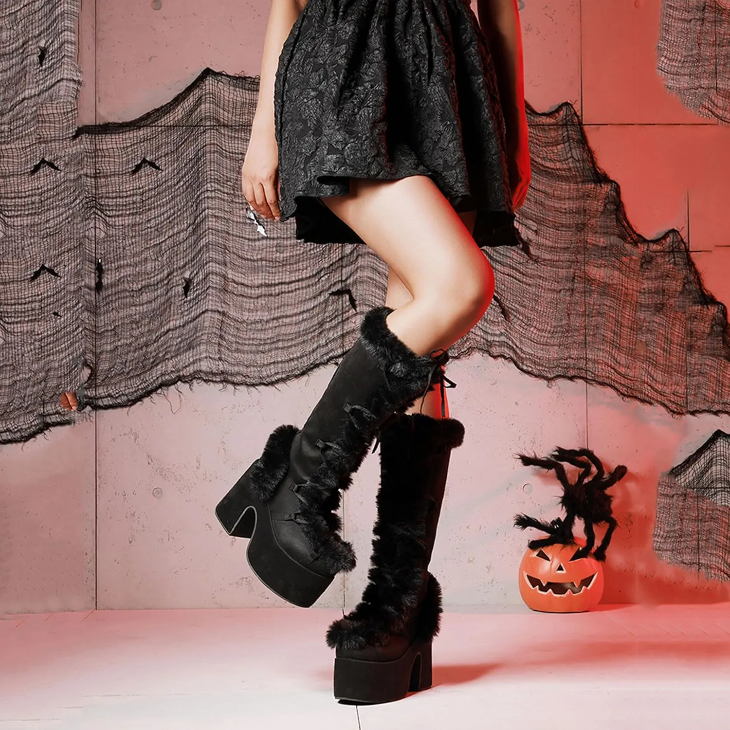 Platform Knee High Boots For Womens Warm Faux Fur Lace Up Side Zipper Chunky Heel Punk Goth Winter Snow Mid Calf Boots