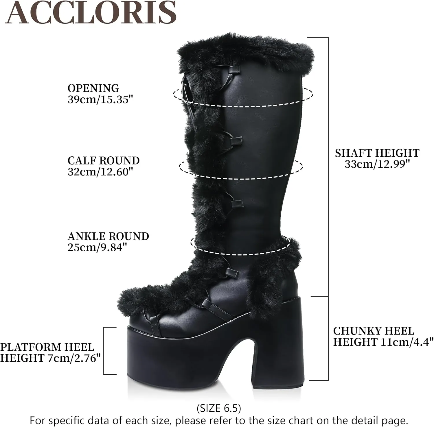 Platform Knee High Boots For Womens Warm Faux Fur Lace Up Side Zipper Chunky Heel Punk Goth Winter Snow Mid Calf Boots
