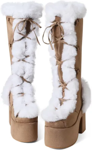 Platform Knee High Boots For Womens Warm Faux Fur Lace Up Side Zipper Chunky Heel Punk Goth Winter Snow Mid Calf Boots
