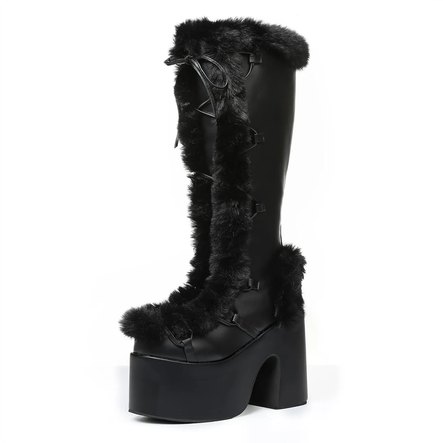 Platform Knee High Boots For Womens Warm Faux Fur Lace Up Side Zipper Chunky Heel Punk Goth Winter Snow Mid Calf Boots