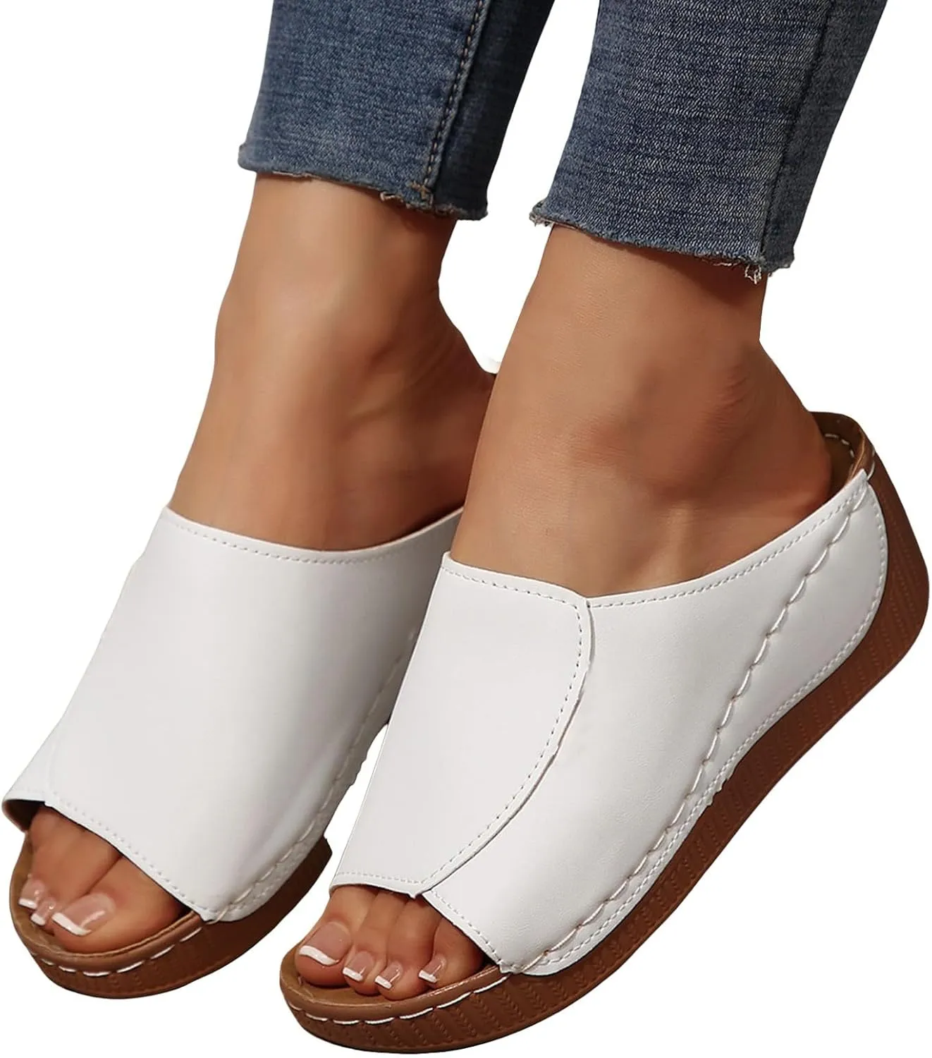 Platform Sandals Women Summer Orthopedic Arch Support Flat Slip on Wide Width Leather Wedge Sandals Damping Sole Upgradation Stretch Lightweight Heels Sandals Diabetic Walking Shoes