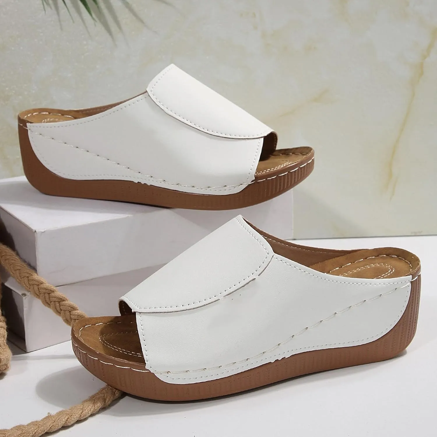 Platform Sandals Women Summer Orthopedic Arch Support Flat Slip on Wide Width Leather Wedge Sandals Damping Sole Upgradation Stretch Lightweight Heels Sandals Diabetic Walking Shoes