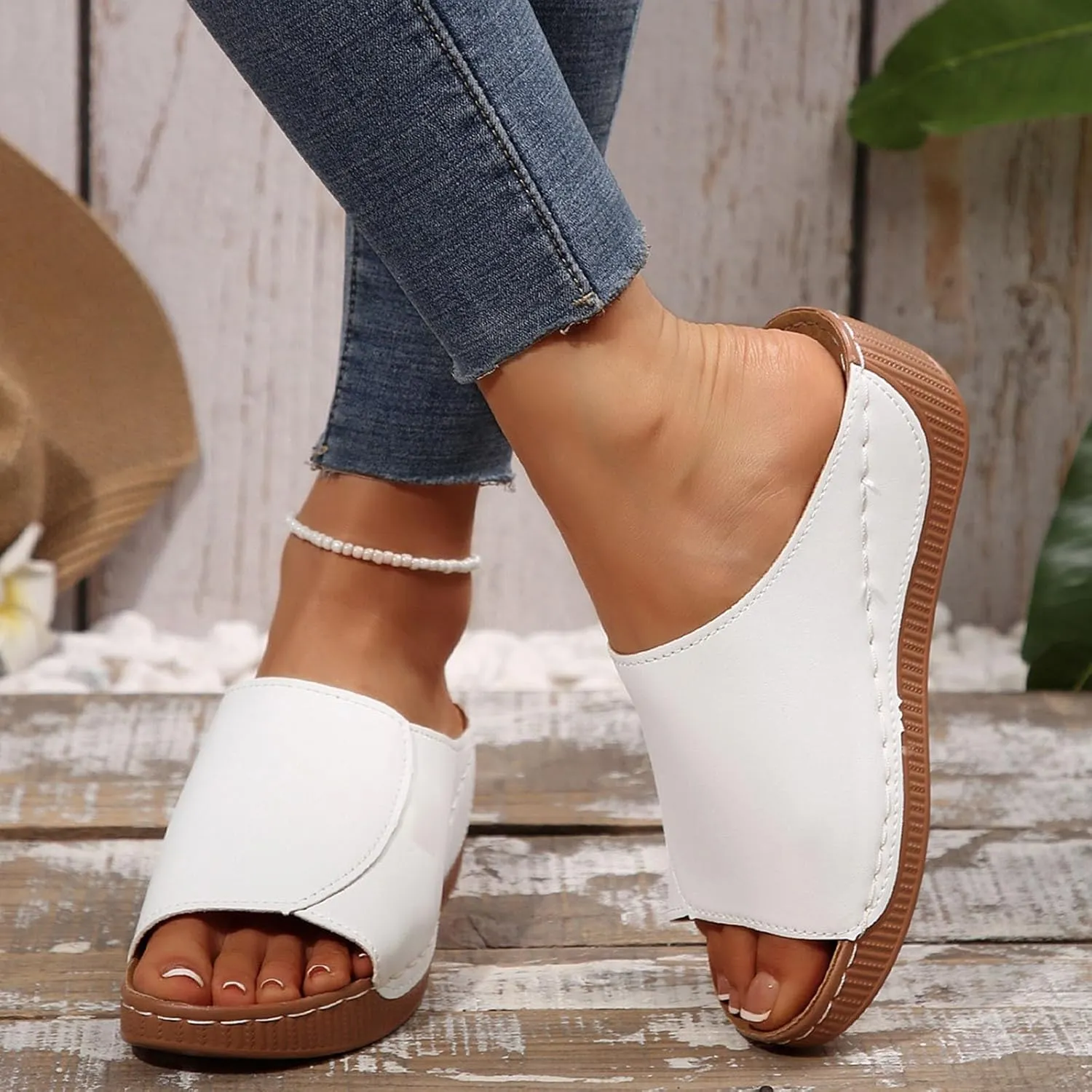 Platform Sandals Women Summer Orthopedic Arch Support Flat Slip on Wide Width Leather Wedge Sandals Damping Sole Upgradation Stretch Lightweight Heels Sandals Diabetic Walking Shoes